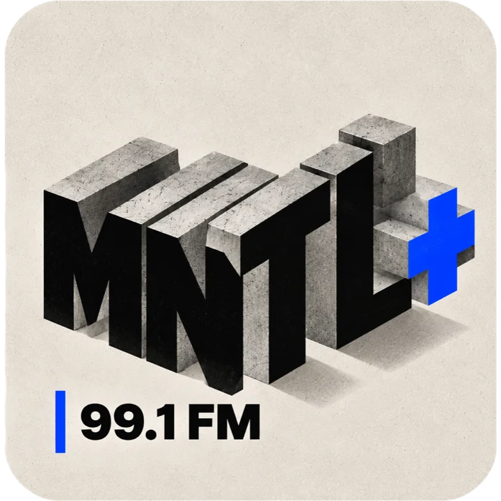 MNTL+ 99.1 FM logo: the letters MNTL carved in concrete blocks with a blue plus sign